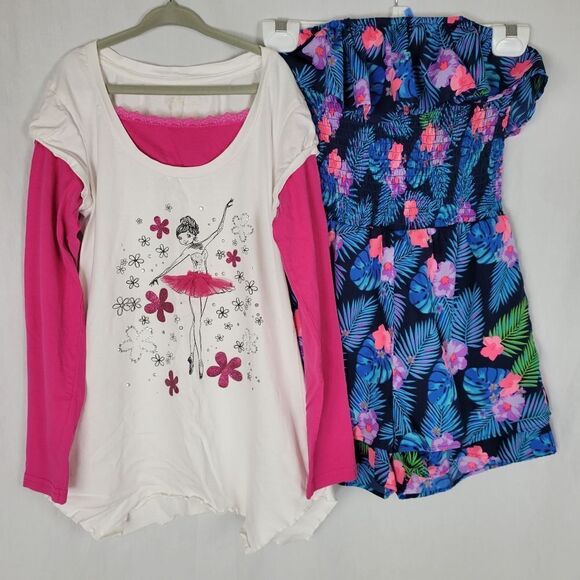 Embellished Ballerina T-Shirt‎ and Strapless Floral Print Romper Bundle - Picture 1 of 9
